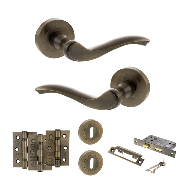 Old English Warwick Door Handle Pack (3 Lever Lock Set - 2.5" CE Sashlock, 3" Fire Rated Hinges x3) by Atlantic Hardware