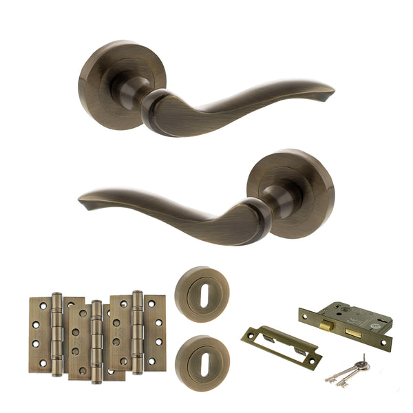 Old English Warwick Door Handle Pack (3 Lever Lock Set - 3" CE Sashlock, 4" Fire Rated Hinges x3) by Atlantic Hardware