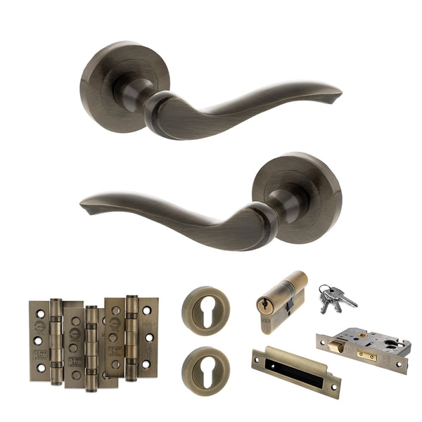 Old English Warwick Door Handle Pack (Euro Lock Set - 2.5" CE Sashlock, 3" Fire Rated Hinges x3) by Atlantic Hardware