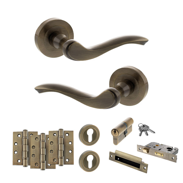 Old English Warwick Door Handle Pack (Euro Lock Set - 2.5" CE Sashlock, 4" Fire Rated Hinges x3) by Atlantic Hardware