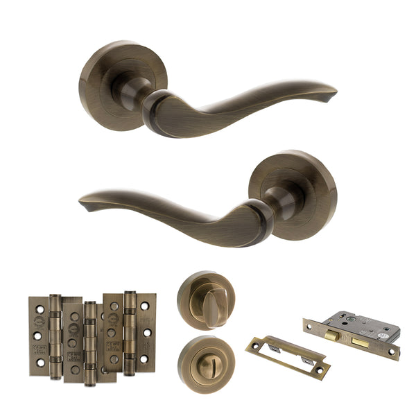Old English Warwick Door Handle Pack (Bathroom Set - 2.5" CE Bathroom Lock, 3" Fire Rated Hinges x3) by Atlantic Hardware