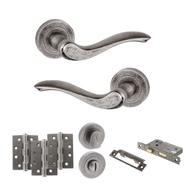 Old English Warwick Door Handle Pack (Bathroom Set - 3" CE Bathroom Lock, 4" Fire Rated Hinges x3) by Atlantic Hardware