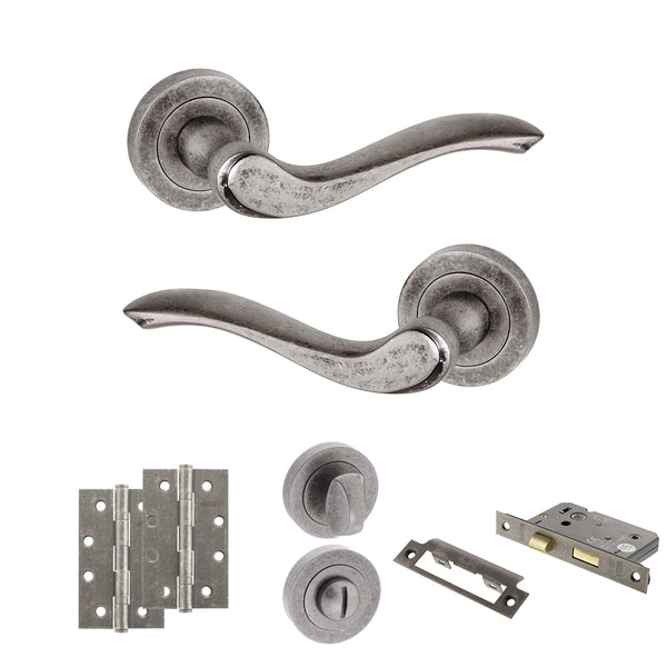 Old English Warwick Door Handle Pack (Bathroom Set - 3" CE Bathroom Lock, 4" Slim Knuckle Hinges x2) by Atlantic Hardware