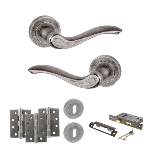 Old English Warwick Door Handle Pack (3 Lever Lock Set - 2.5" CE Sashlock, 4" Fire Rated Hinges x3) by Atlantic Hardware
