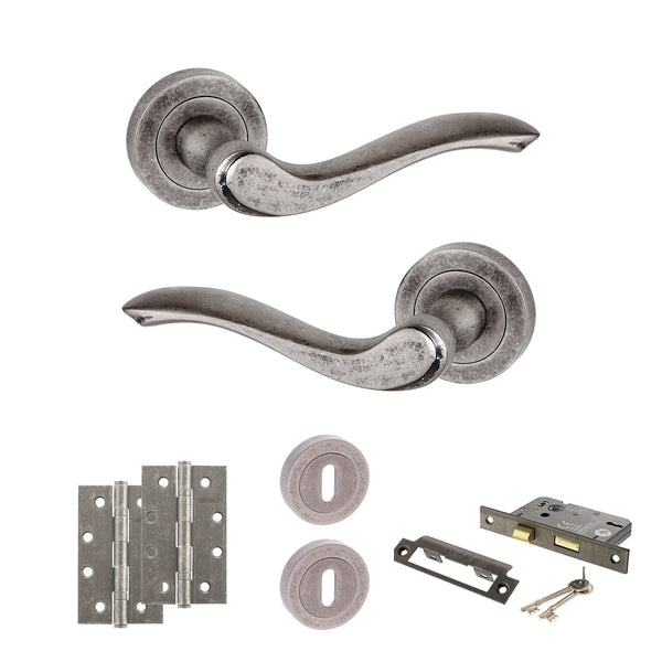 Old English Warwick Door Handle Pack (3 Lever Lock Set - 2.5" CE Sashlock, 4" Slim Knuckle Hinges x2) by Atlantic Hardware