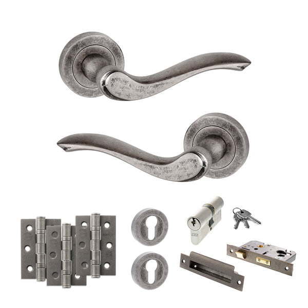 Old English Warwick Door Handle Pack (Euro Lock Set - 2.5" CE Sashlock, 3" Fire Rated Hinges x3) by Atlantic Hardware