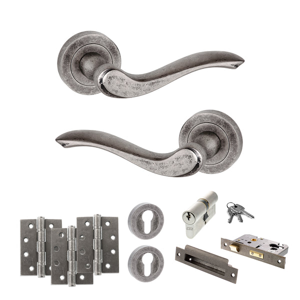 Old English Warwick Door Handle Pack (Euro Lock Set - 3" CE Sashlock, 4" Fire Rated Hinges x3) by Atlantic Hardware
