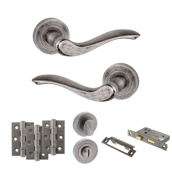 Old English Warwick Door Handle Pack (Bathroom Set - 3" CE Bathroom Lock, 3" Fire Rated Hinges x3) by Atlantic Hardware