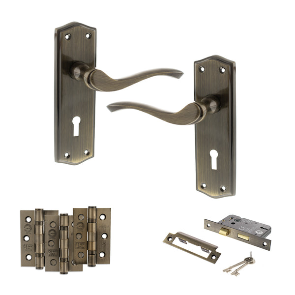 Old English Warwick Door Handle Pack (3 Lever Lock Set - 2.5" CE Sashlock, 3" Fire Rated Hinges x3) by Atlantic Hardware