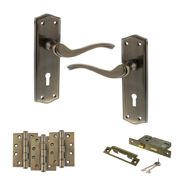 Old English Warwick Door Handle Pack (3 Lever Lock Set - 3" CE Sashlock, 4" Fire Rated Hinges x3) by Atlantic Hardware