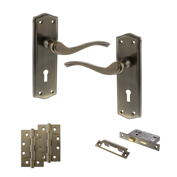 Old English Warwick Door Handle Pack (3 Lever Lock Set - 3" CE Sashlock, 4" Slim Knuckle Hinges x2) by Atlantic Hardware