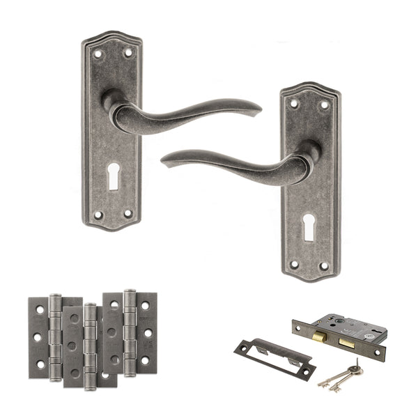 Old English Warwick Door Handle Pack (3 Lever Lock Set - 3" CE Sashlock, 3" Fire Rated Hinges x3) by Atlantic Hardware