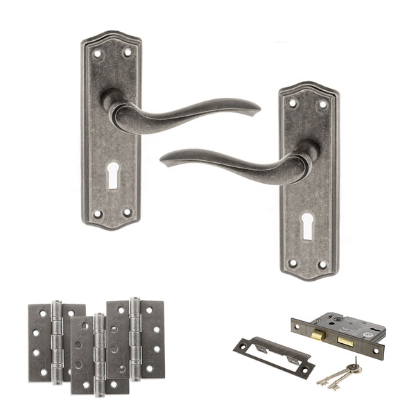 Old English Warwick Door Handle Pack (3 Lever Lock Set - 2.5" CE Sashlock, 4" Fire Rated Hinges x3) by Atlantic Hardware