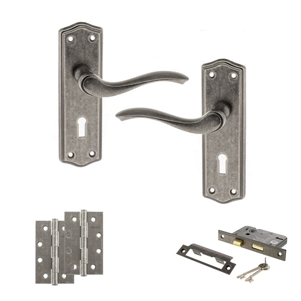 Old English Warwick Door Handle Pack (3 Lever Lock Set - 3" CE Sashlock, 4" Slim Knuckle Hinges x2) by Atlantic Hardware