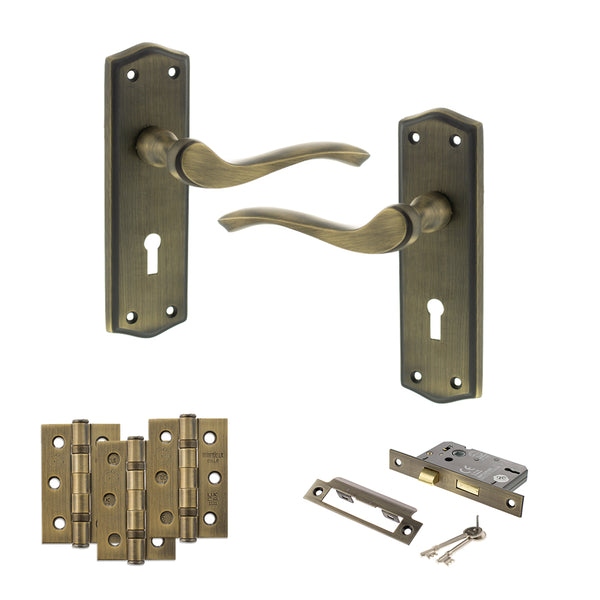 Old English Warwick Door Handle Pack (3 Lever Lock Set - 2.5" CE Sashlock, 3" Fire Rated Hinges x3) by Atlantic Hardware