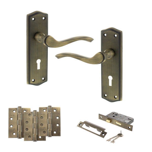 Old English Warwick Door Handle Pack (3 Lever Lock Set - 2.5" CE Sashlock, 4" Fire Rated Hinges x3) by Atlantic Hardware