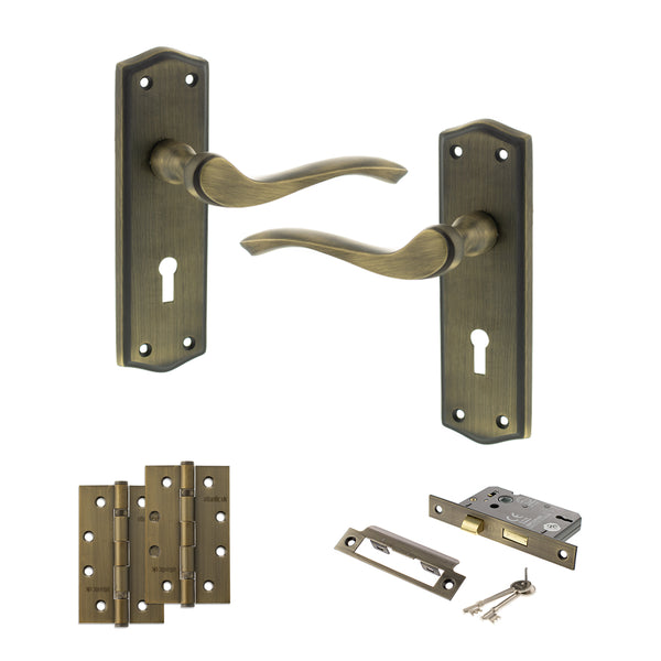 Old English Warwick Door Handle Pack (3 Lever Lock Set - 2.5" CE Sashlock, 4" Slim Knuckle Hinges x2) by Atlantic Hardware