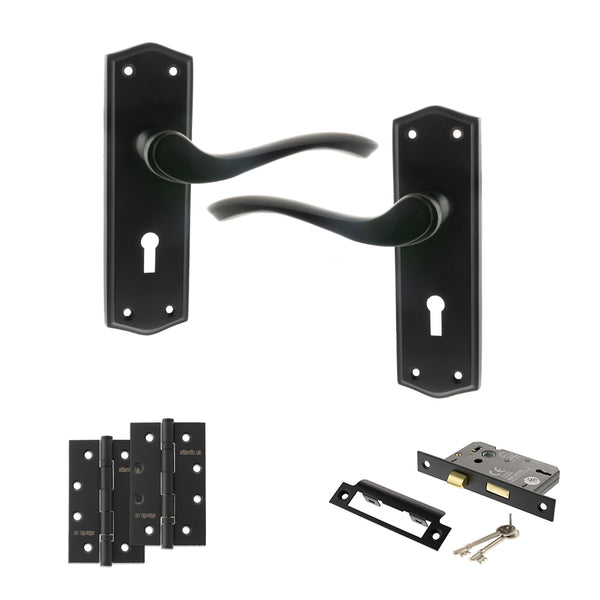 Old English Warwick Door Handle Pack (3 Lever Lock Set - 2.5" CE Sashlock, 4" Slim Knuckle Hinges x2) by Atlantic Hardware
