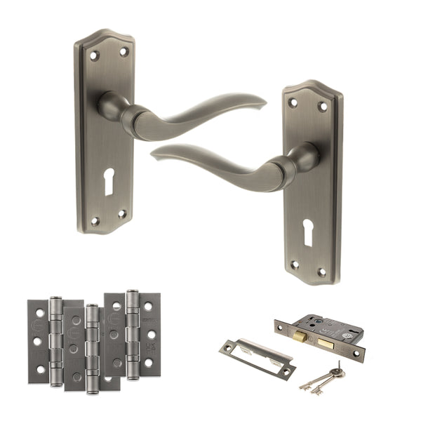 Old English Warwick Door Handle Pack (3 Lever Lock Set - 3" CE Sashlock, 3" Fire Rated Hinges x3) by Atlantic Hardware