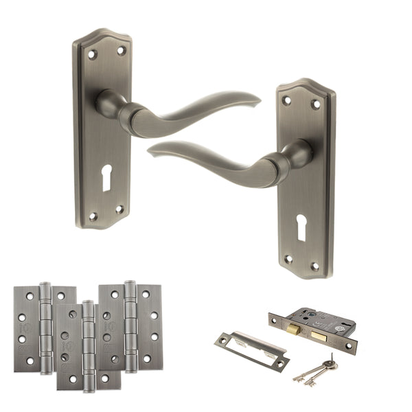 Old English Warwick Door Handle Pack (3 Lever Lock Set - 3" CE Sashlock, 4" Fire Rated Hinges x3) by Atlantic Hardware