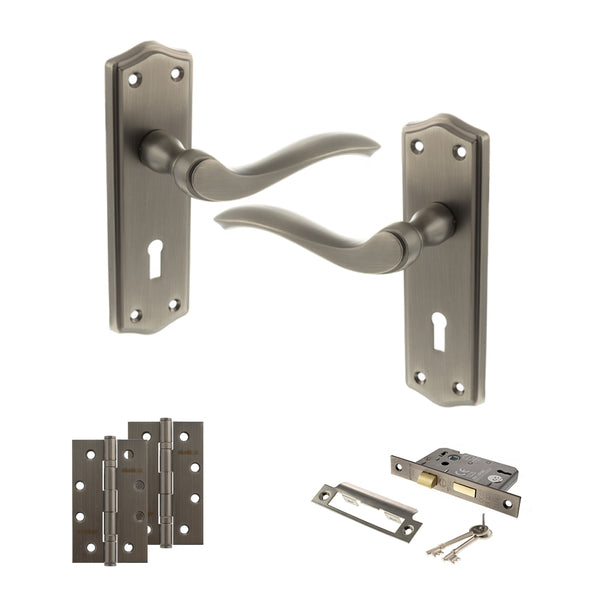 Old English Warwick Door Handle Pack (3 Lever Lock Set - 3" CE Sashlock, 4" Slim Knuckle Hinges x2) by Atlantic Hardware
