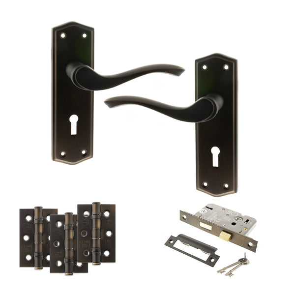 Old English Warwick Door Handle Pack (3 Lever Lock Set - 3" CE Sashlock, 3" Fire Rated Hinges x3) by Atlantic Hardware