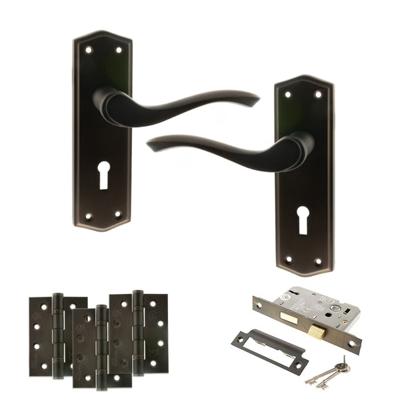 Old English Warwick Door Handle Pack (3 Lever Lock Set - 3" CE Sashlock, 4" Fire Rated Hinges x3) by Atlantic Hardware