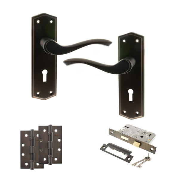Old English Warwick Door Handle Pack (3 Lever Lock Set - 3" CE Sashlock, 4" Slim Knuckle Hinges x2) by Atlantic Hardware