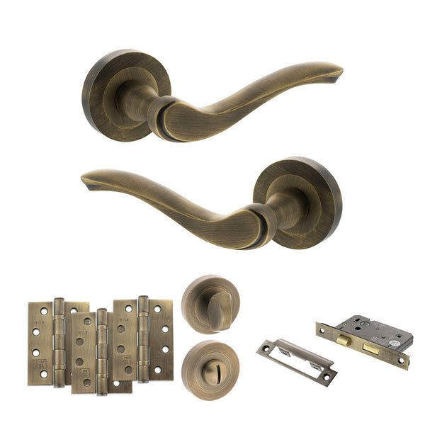 Old English Warwick Door Handle Pack (Bathroom Set - 3" CE Bathroom Lock, 4" Fire Rated Hinges x3) by Atlantic Hardware