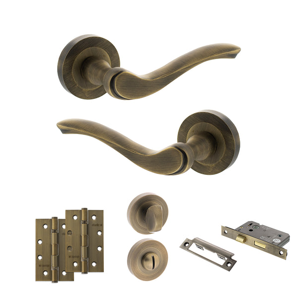 Old English Warwick Door Handle Pack (Bathroom Set - 3" CE Bathroom Lock, 4" Slim Knuckle Hinges x2) by Atlantic Hardware