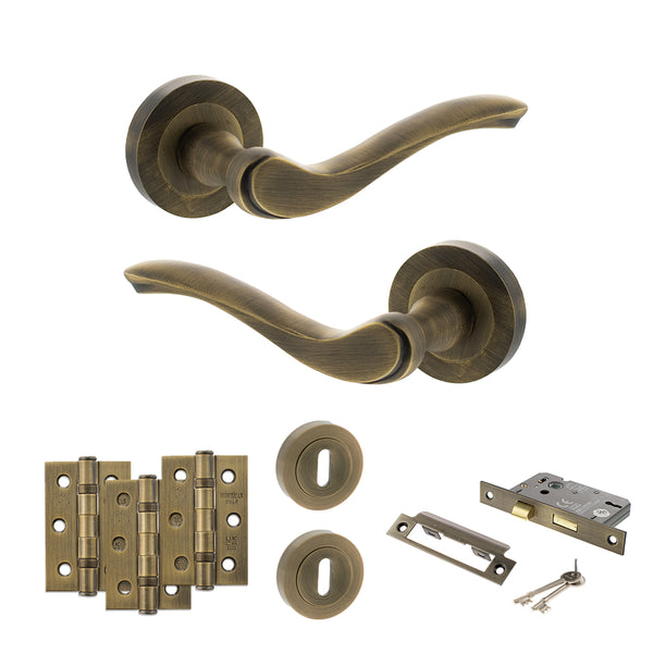 Old English Warwick Door Handle Pack (3 Lever Lock Set - 2.5" CE Sashlock, 3" Fire Rated Hinges x3) by Atlantic Hardware