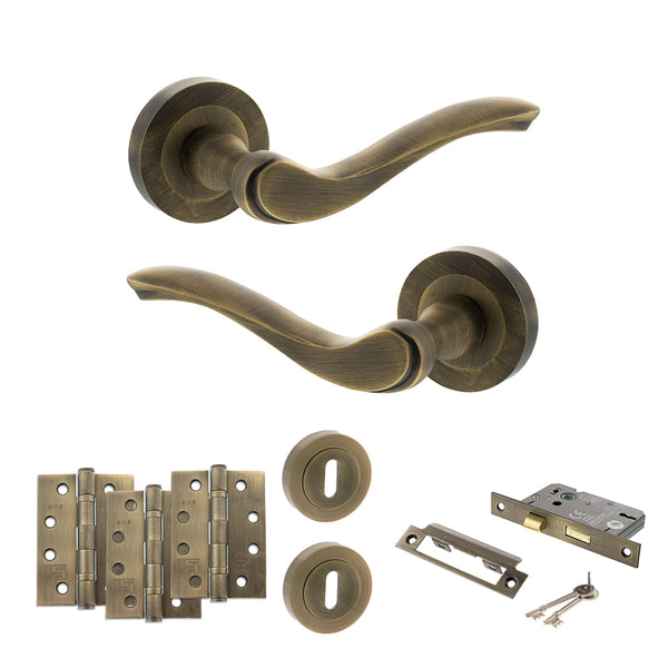 Old English Warwick Door Handle Pack (3 Lever Lock Set - 2.5" CE Sashlock, 4" Fire Rated Hinges x3) by Atlantic Hardware