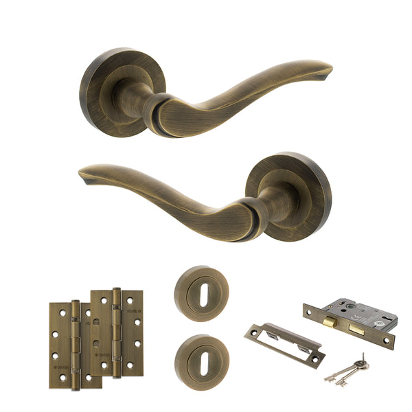 Old English Warwick Door Handle Pack (3 Lever Lock Set - 3" CE Sashlock, 4" Slim Knuckle Hinges x2) by Atlantic Hardware