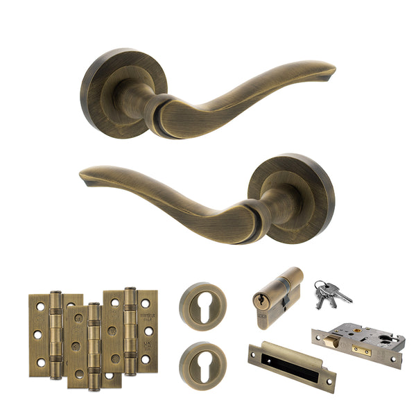 Old English Warwick Door Handle Pack (Euro Lock Set - 3" CE Sashlock, 3" Fire Rated Hinges x3) by Atlantic Hardware