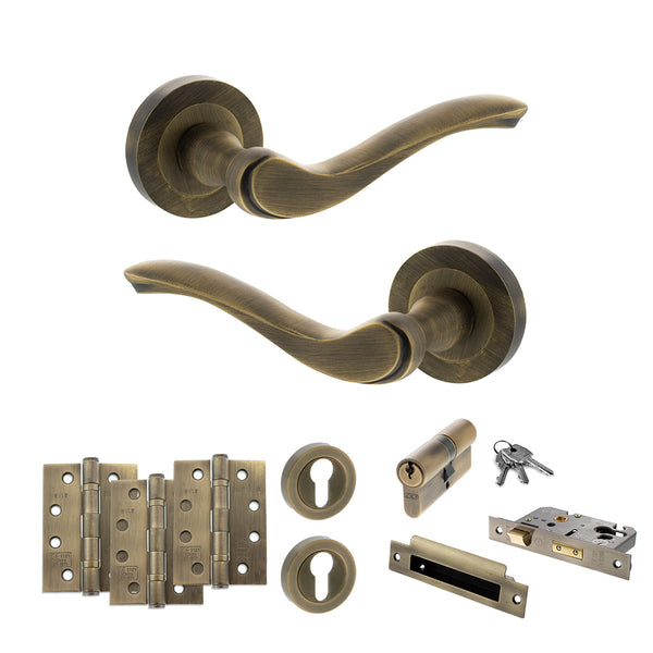 Old English Warwick Door Handle Pack (Euro Lock Set - 3" CE Sashlock, 4" Fire Rated Hinges x3) by Atlantic Hardware
