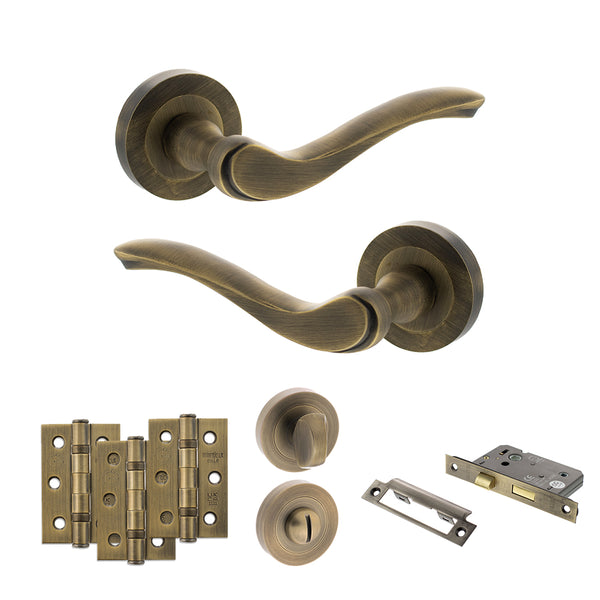 Old English Warwick Door Handle Pack (Bathroom Set - 2.5" CE Bathroom Lock, 3" Fire Rated Hinges x3) by Atlantic Hardware