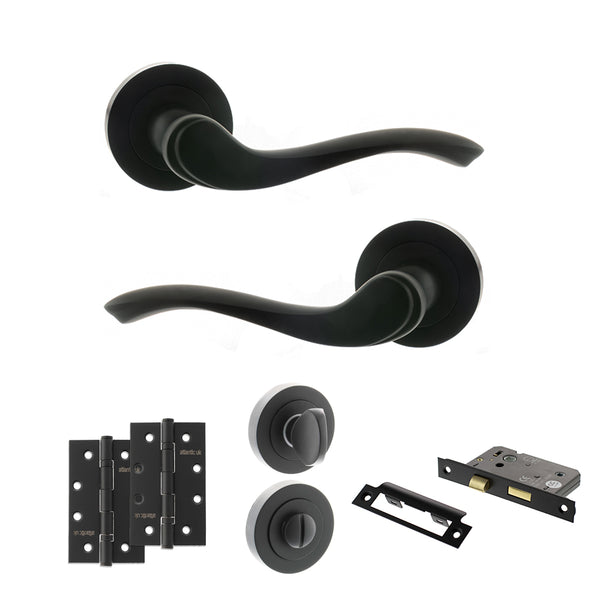 Old English Warwick Door Handle Pack (Bathroom Set - 3" CE Bathroom Lock, 4" Slim Knuckle Hinges x2) by Atlantic Hardware