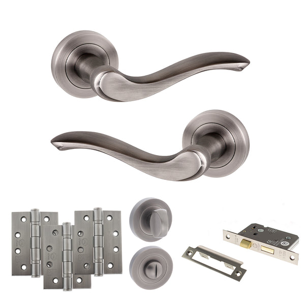 Old English Warwick Door Handle Pack (Bathroom Set - 3" CE Bathroom Lock, 4" Fire Rated Hinges x3) by Atlantic Hardware