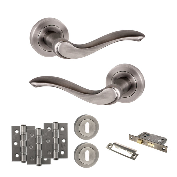 Old English Warwick Door Handle Pack (3 Lever Lock Set - 2.5" CE Sashlock, 3" Fire Rated Hinges x3) by Atlantic Hardware