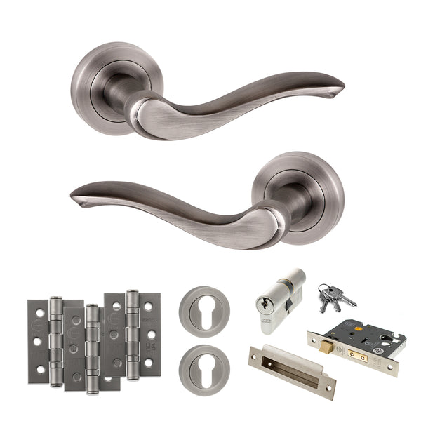 Old English Warwick Door Handle Pack (Euro Lock Set - 2.5" CE Sashlock, 3" Fire Rated Hinges x3) by Atlantic Hardware