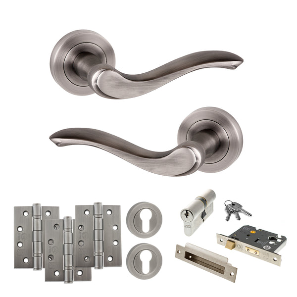 Old English Warwick Door Handle Pack (Euro Lock Set - 2.5" CE Sashlock, 4" Fire Rated Hinges x3) by Atlantic Hardware