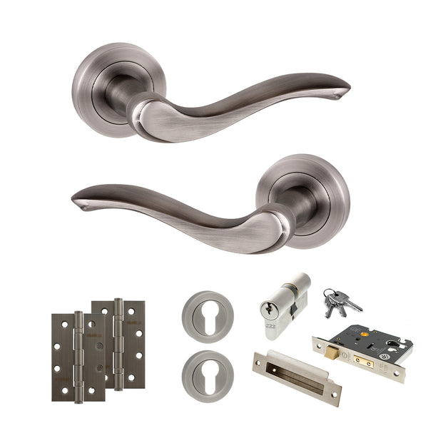 Old English Warwick Door Handle Pack (Euro Lock Set - 3" CE Sashlock, 4" Slim Knuckle Hinges x2) by Atlantic Hardware