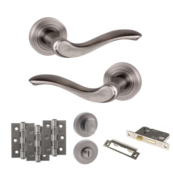 Old English Warwick Door Handle Pack (Bathroom Set - 3" CE Bathroom Lock, 3" Fire Rated Hinges x3) by Atlantic Hardware