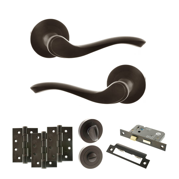 Old English Warwick Door Handle Pack (Bathroom Set - 3" CE Bathroom Lock, 4" Fire Rated Hinges x3) by Atlantic Hardware