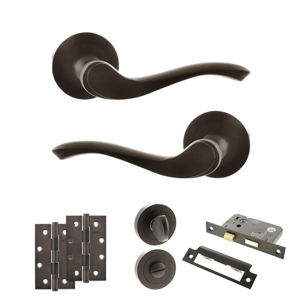 Old English Warwick Door Handle Pack (Bathroom Set - 3" CE Bathroom Lock, 4" Slim Knuckle Hinges x2) by Atlantic Hardware