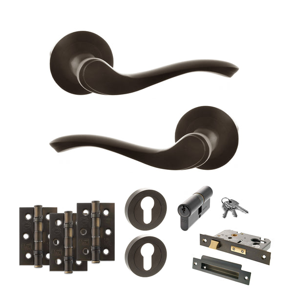 Old English Warwick Door Handle Pack (Euro Lock Set - 2.5" CE Sashlock, 3" Fire Rated Hinges x3) by Atlantic Hardware