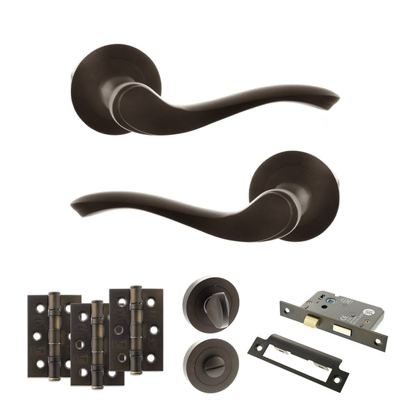 Old English Warwick Door Handle Pack (Bathroom Set - 3" CE Bathroom Lock, 3" Fire Rated Hinges x3) by Atlantic Hardware