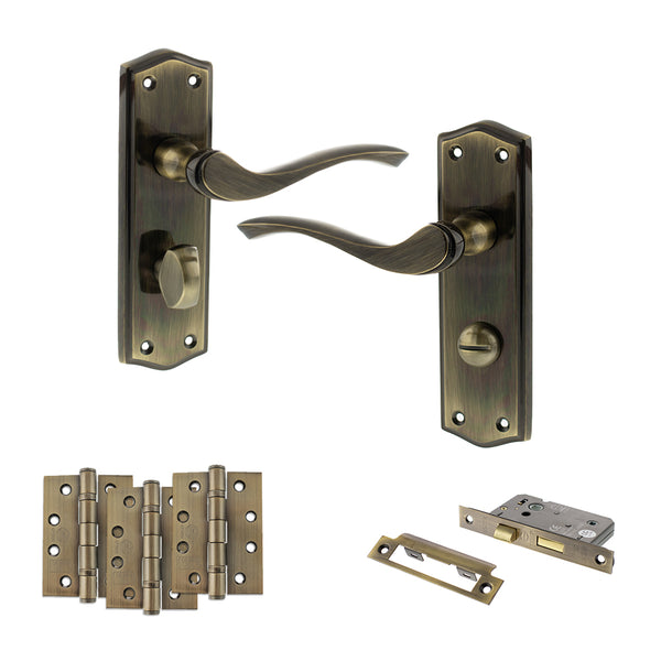 Old English Warwick Door Handle Pack (Bathroom Set - 3" CE Bathroom Lock, 4" Fire Rated Hinges x3) by Atlantic Hardware