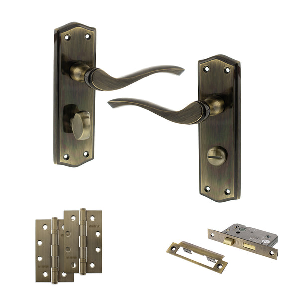 Old English Warwick Door Handle Pack (Bathroom Set - 2.5" CE Bathroom Lock, 4" Slim Knuckle Hinges x2) by Atlantic Hardware