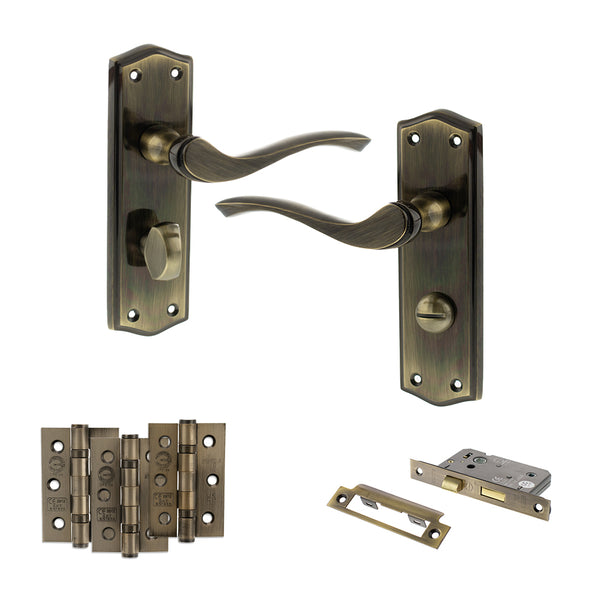 Old English Warwick Door Handle Pack (Bathroom Set - 2.5" CE Bathroom Lock, 3" Fire Rated Hinges x3) by Atlantic Hardware